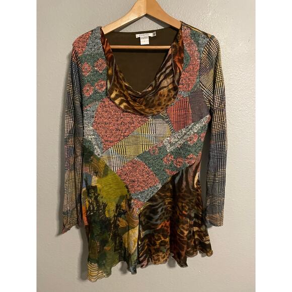 FERATELLI Tops - Feratelli Tunic Top Womens Large Multicolor Animal Print Cowl Neck Boho Artsy